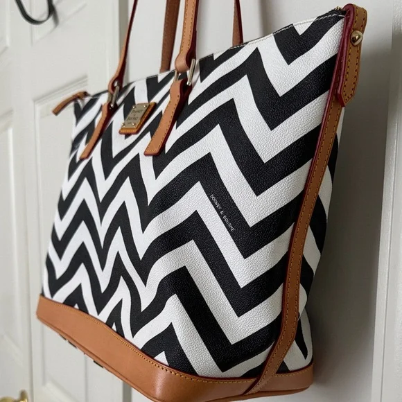 Dooney & Bourke Chevron Tote - Black and White with Tan Leather Trim - Picture 6 of 13